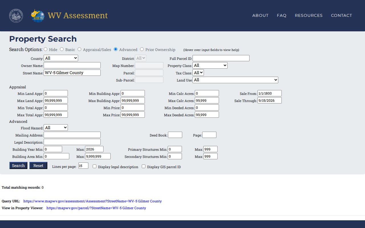 Gilmer County neighboring parcel search by street name in the assessment portal