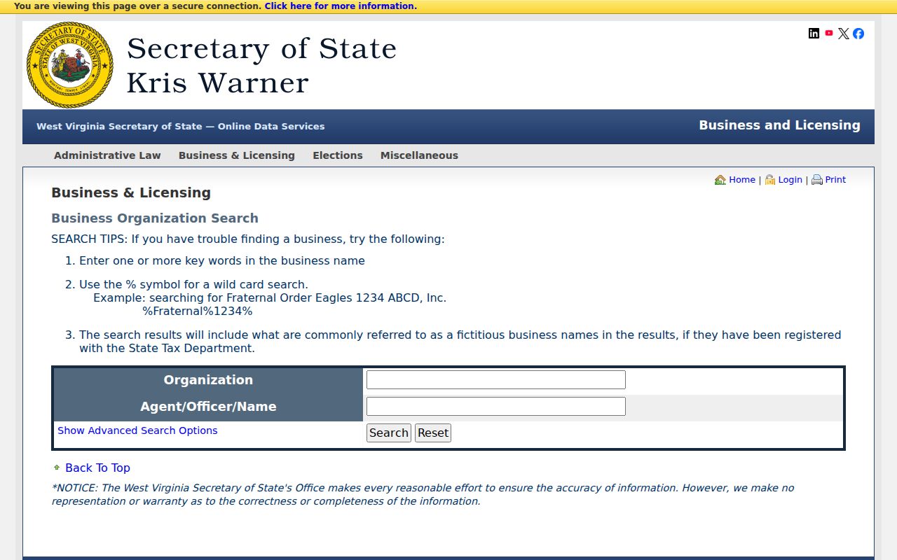 Gilmer County property owner research using the West Virginia organization and agent search